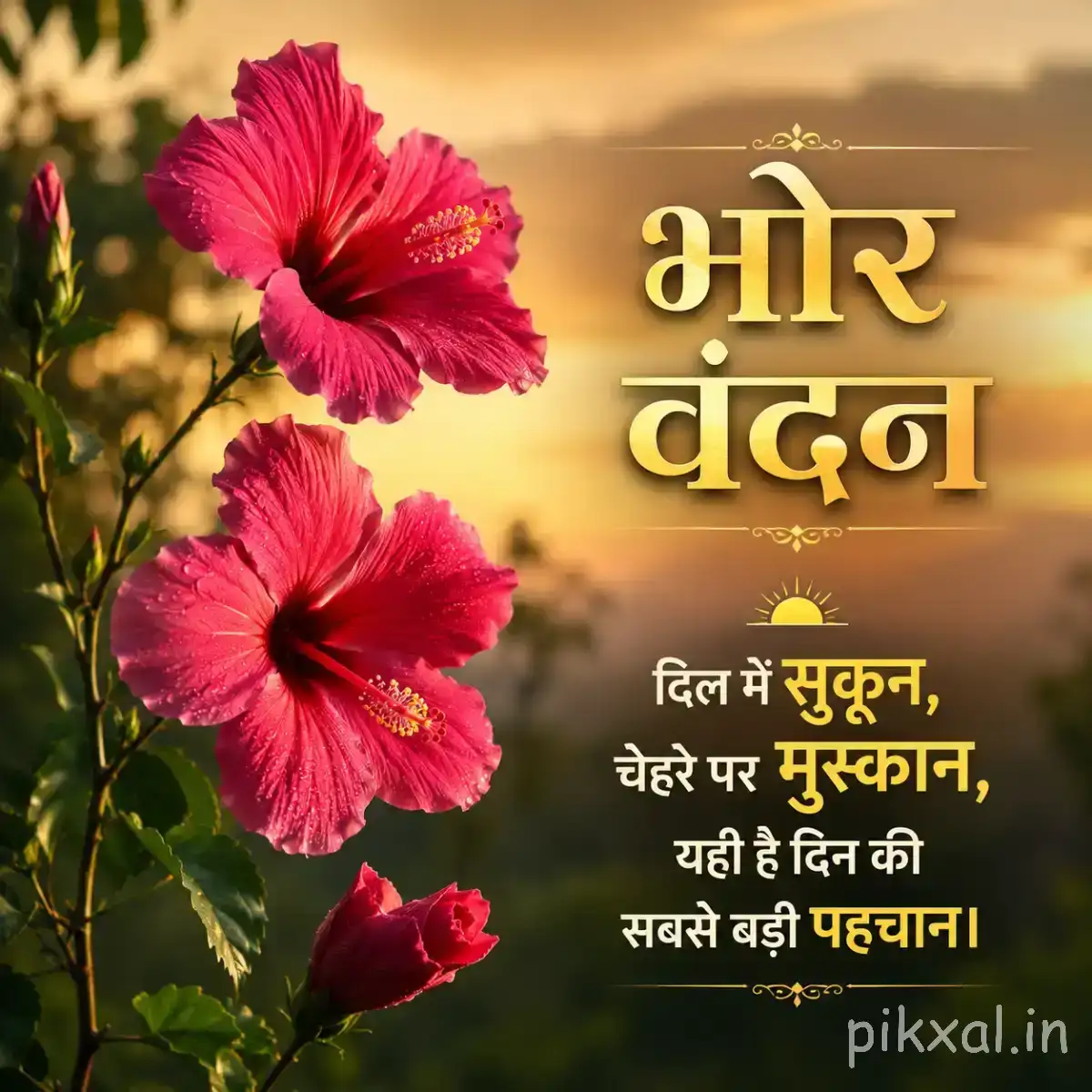 Two large pink flowers with broad petals and dark centers among green leaves against a warm sunset background