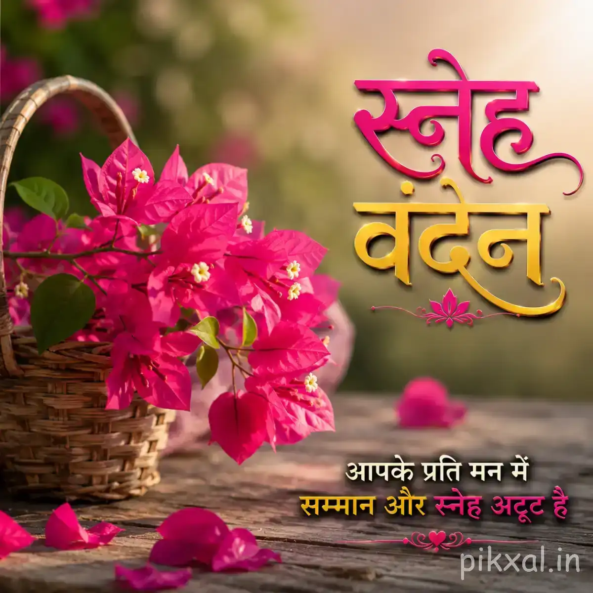 Cluster of bright pink flowers with green leaves arranged in a small basket with scattered petals and a Hindi morning greeting