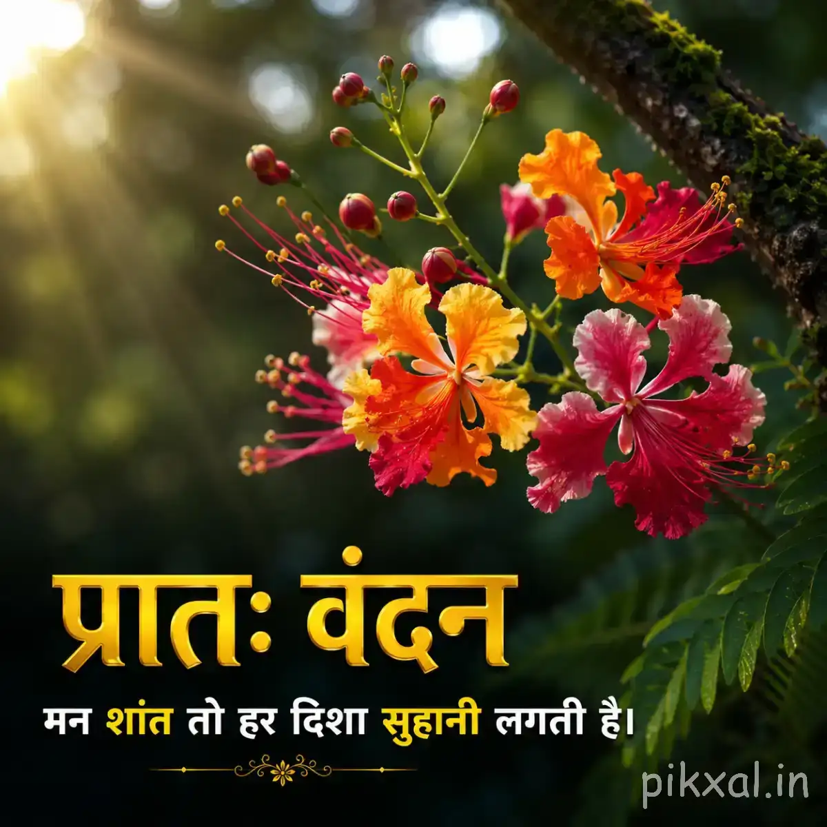 Mixed orange, yellow, pink, and red flowers clustered among green foliage against a softly blurred garden background