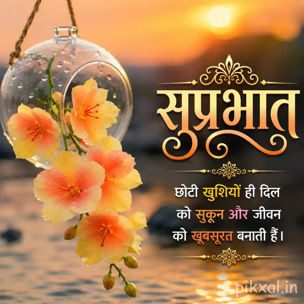 Several pale orange and yellow flowers arranged inside a hanging glass globe against a warm sunrise background with a Hindi greeting