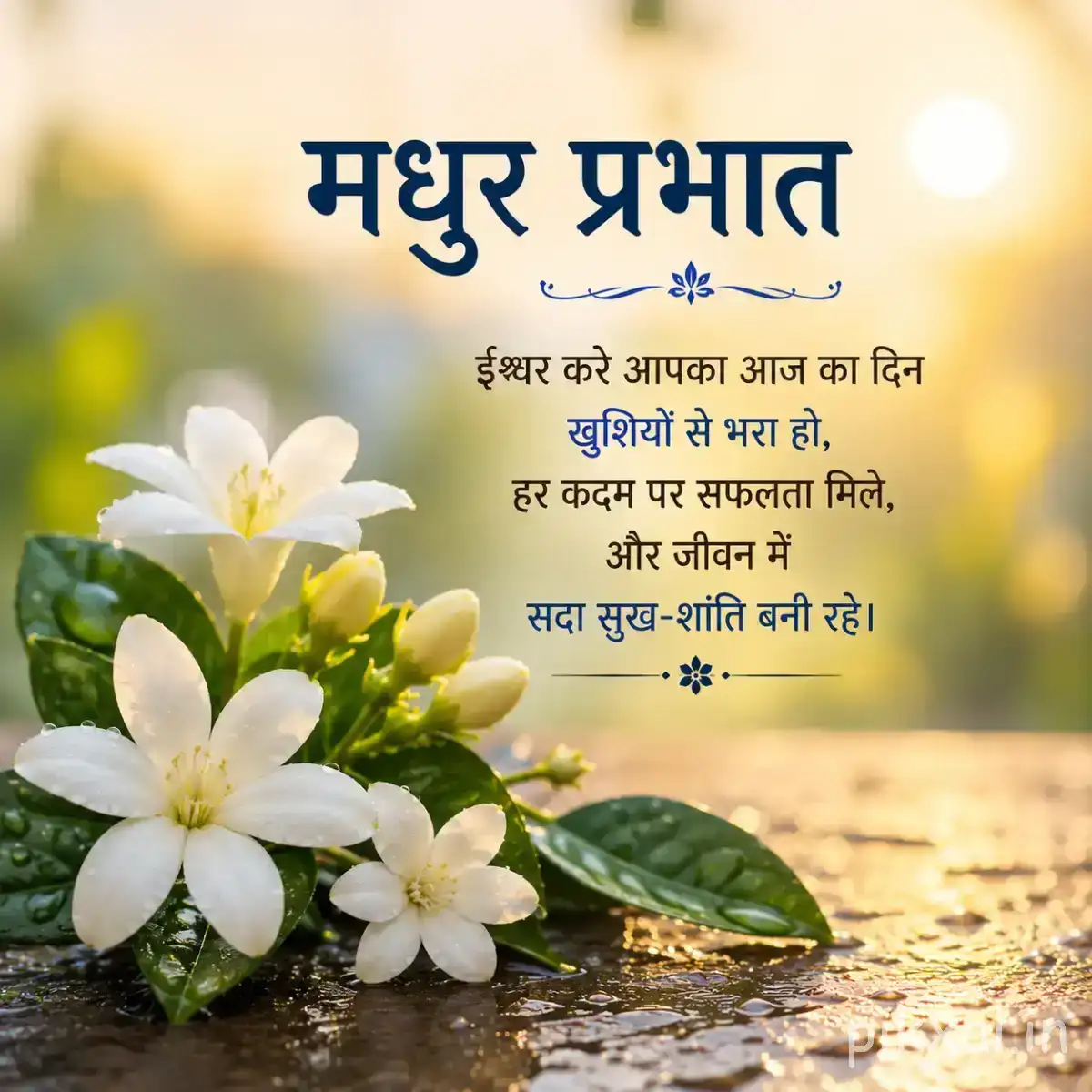 Small white flowers clustered among glossy green leaves beside calm water with a Hindi morning message