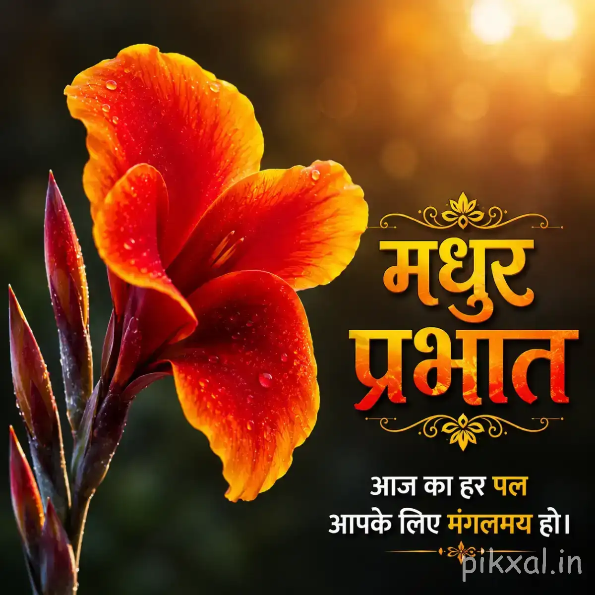 Single orange-red flower with broad overlapping petals and unopened buds against warm golden light with a Hindi morning greeting