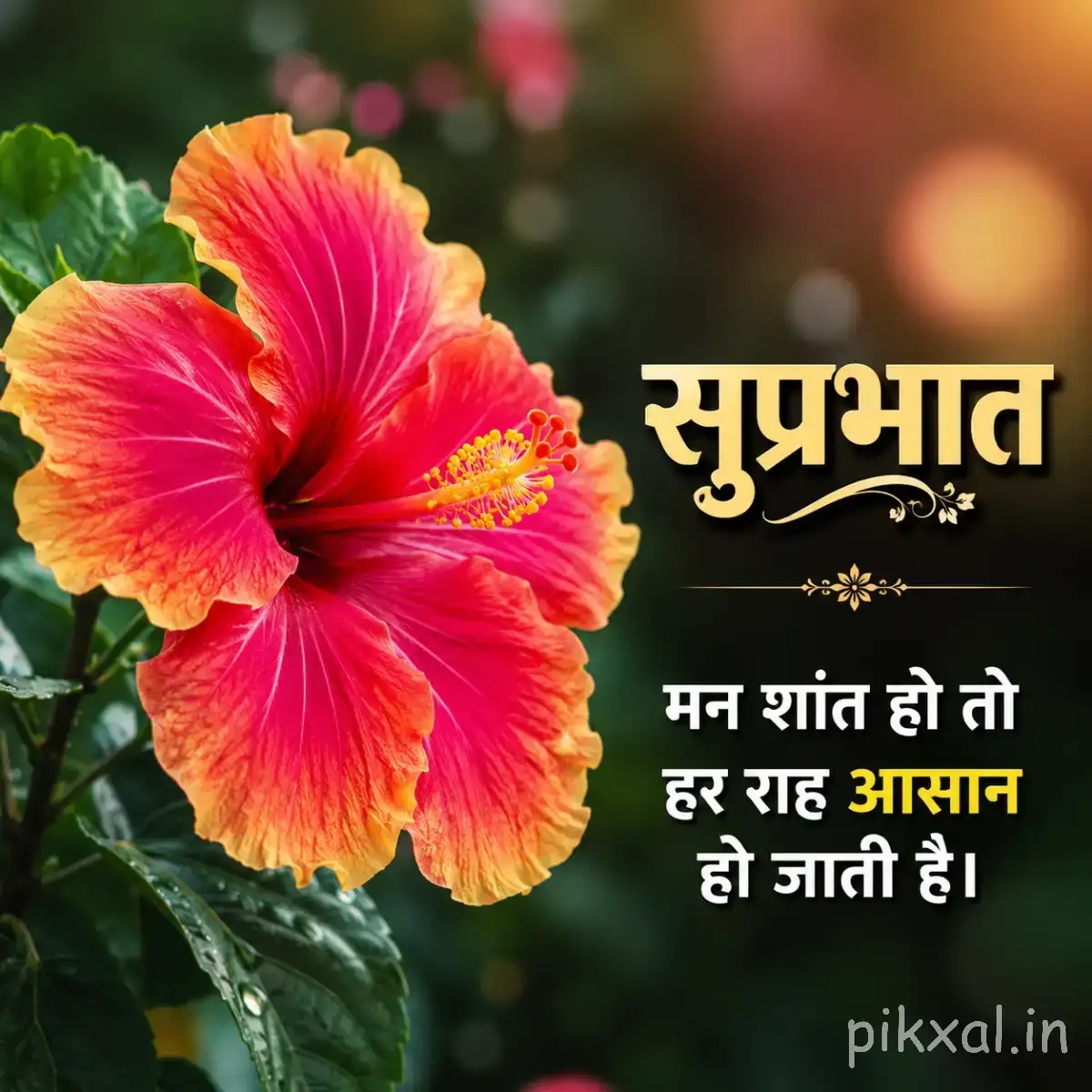 Large pink flower with yellow and orange tones in the center, surrounded by green leaves and a Hindi morning wish