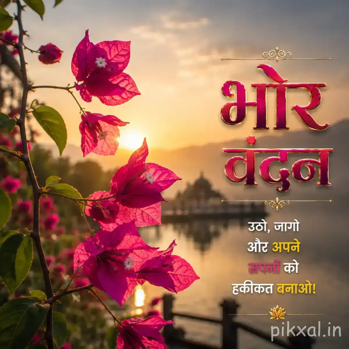 Pink flowers on slender branches silhouetted against a warm sunrise landscape with a Hindi morning greeting
