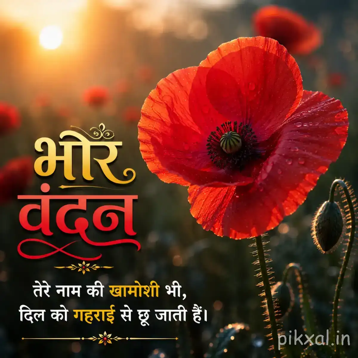 Single large red flower with broad delicate petals and a dark center against warm blurred sunlight with a Hindi morning wish