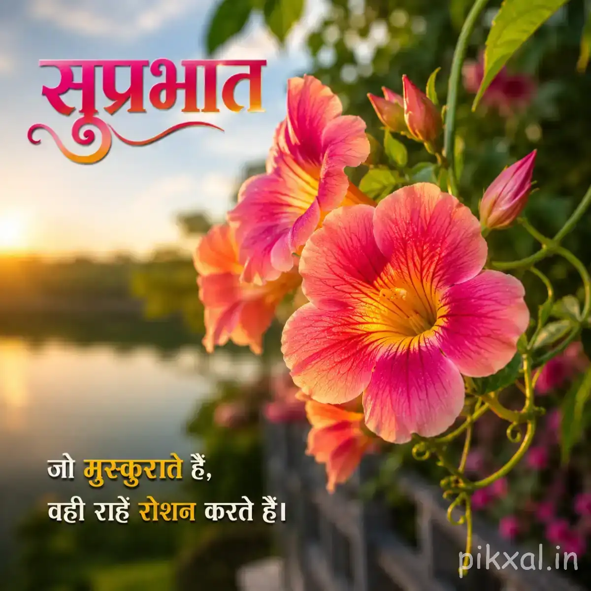 Several pink flowers with yellow centers and green leaves against a bright waterside background with a Hindi morning greeting