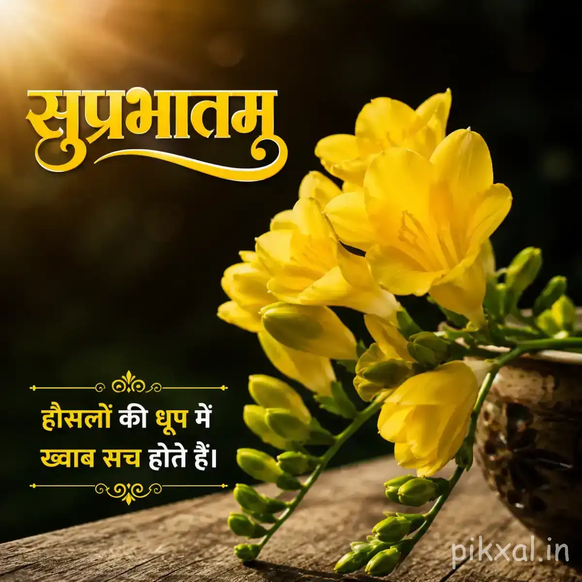 Yellow clustered flowers with green leaves against a dark blurred background with a Hindi Good Morning greeting