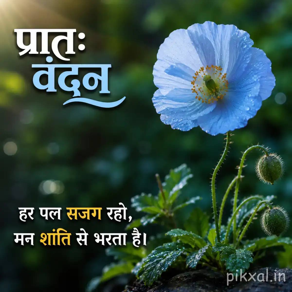 Single light blue flower with rounded petals, unopened buds, and green foliage against a softly blurred background