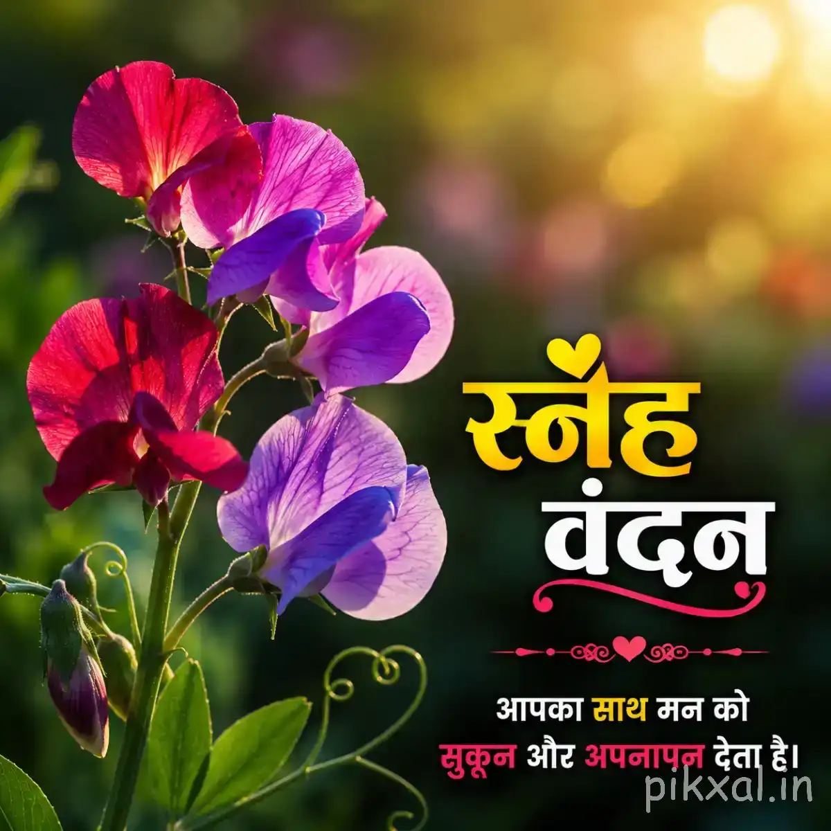 Pink and purple flowers with green leaves and curling stems against warm blurred light with a Hindi morning wish