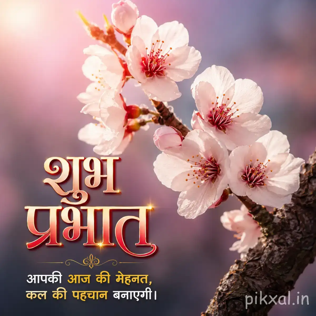 Several pale pink flowers with layered petals on branches against a soft pink background with a Hindi morning greeting