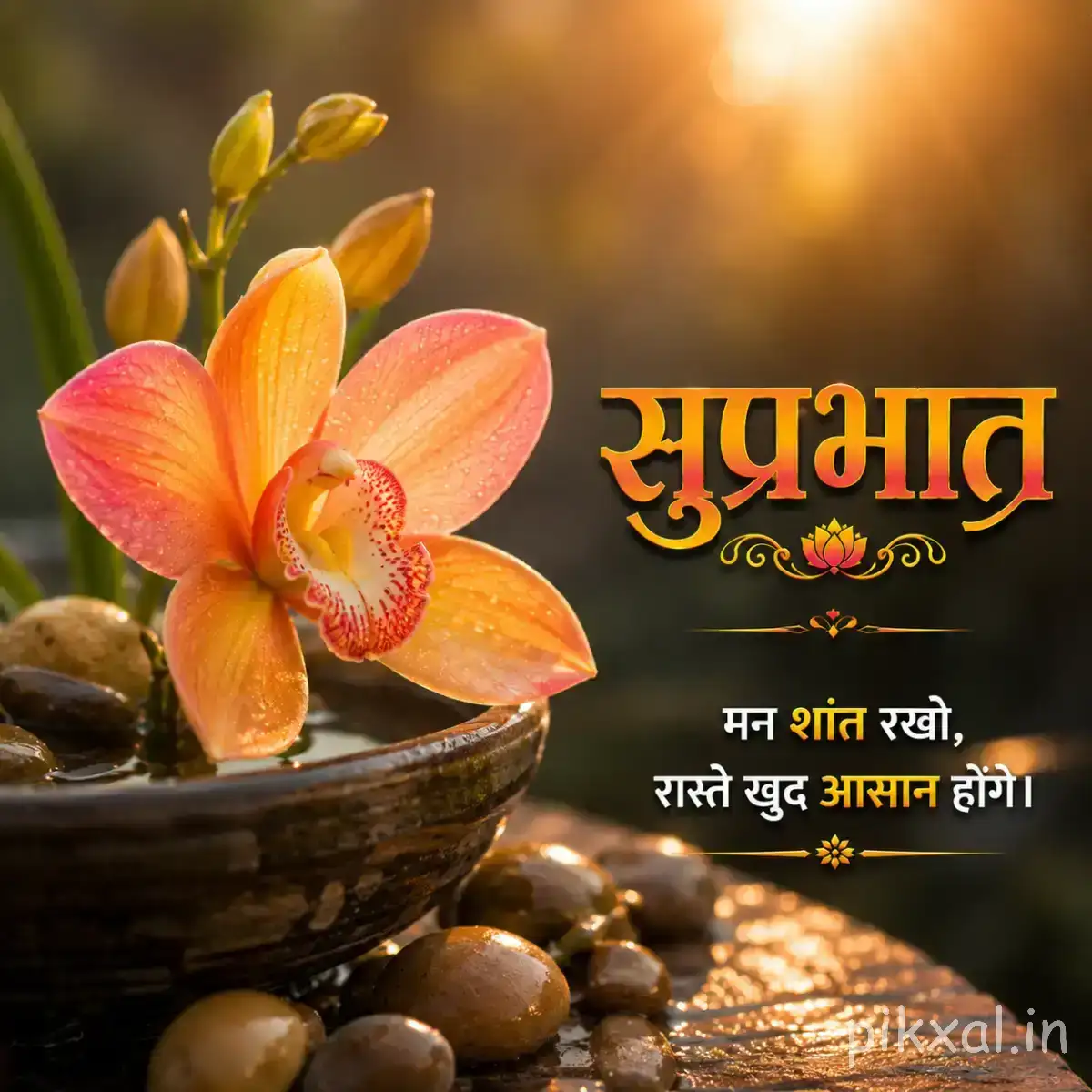 Orange and pink flower with broad overlapping petals resting on dark stones beside a Hindi morning message
