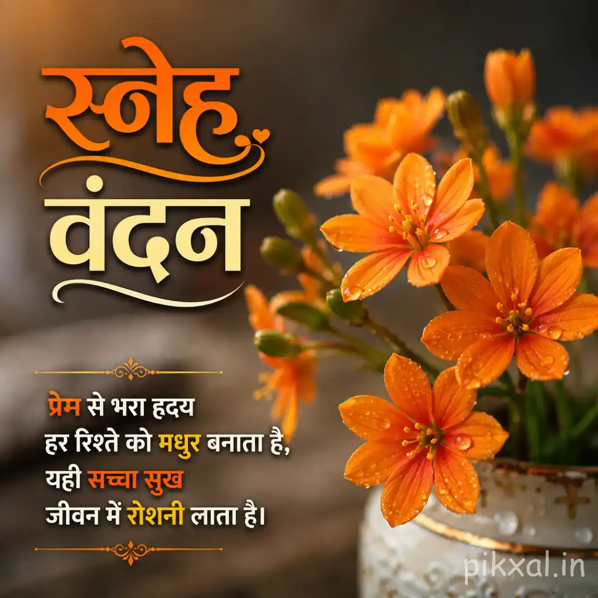 Several orange flowers with dark centers arranged among green foliage against warm blurred light with a Hindi morning wish