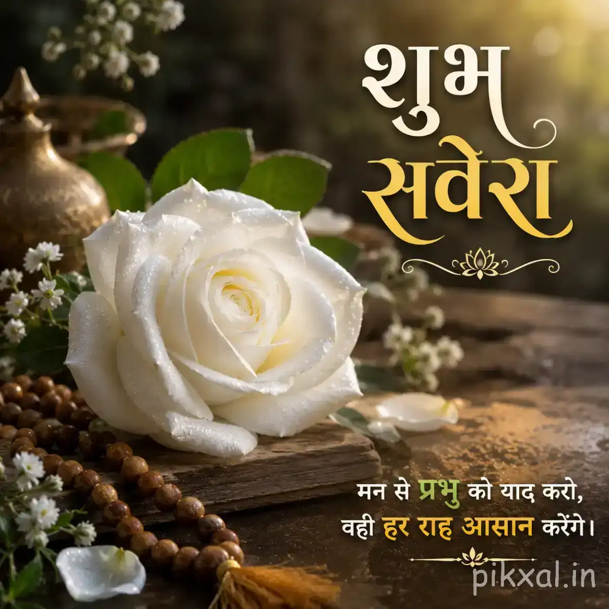 Single white layered flower with green leaves and dark stones against a softly blurred background with a Hindi morning greeting