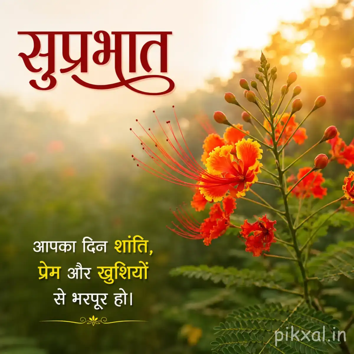 Several orange-red flowers on slender stems against a softly blurred garden background with a Hindi morning wish
