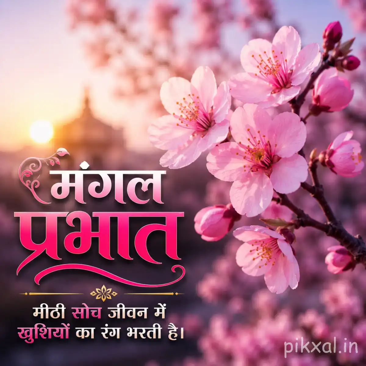 Several pale pink flowers blooming along a dark branch against warm sunrise light with a Hindi morning wish