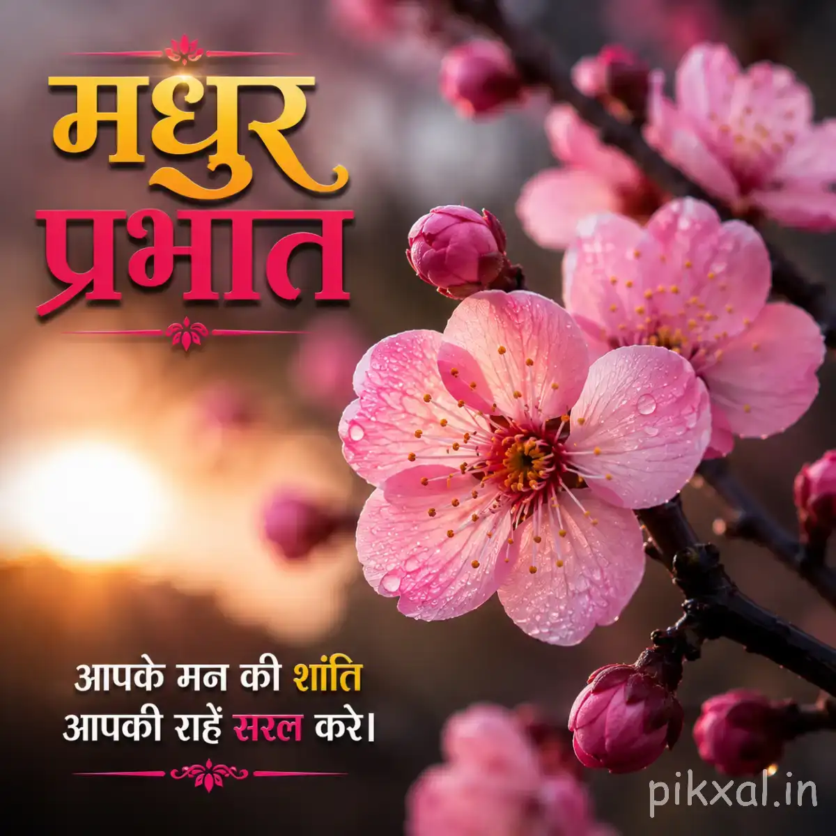 Cluster of pale pink flowers with dark centers and green leaves against warm blurred light with a Hindi morning greeting