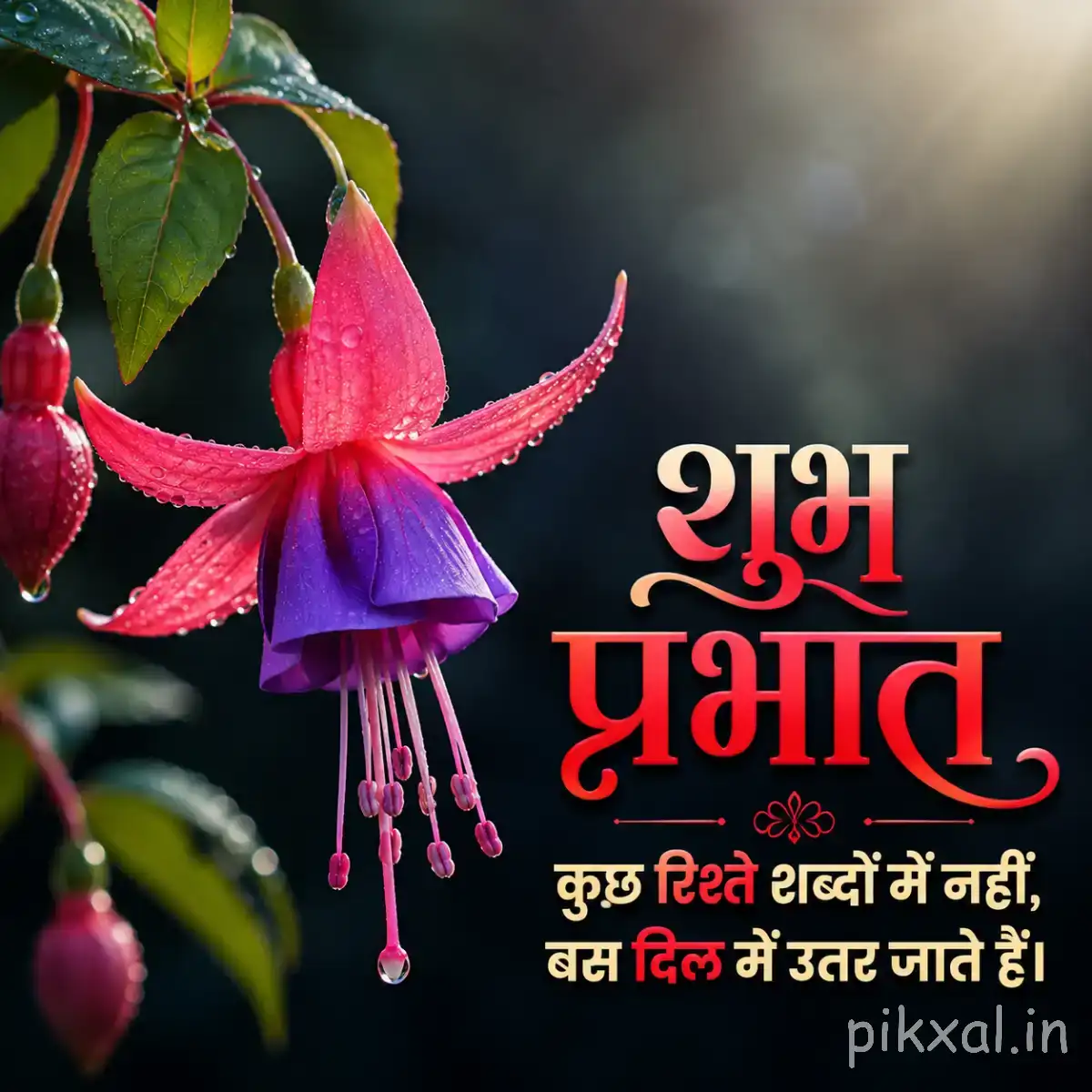 Hanging pink and purple flowers with long slender petals and green foliage against a dark background with a Hindi morning wish