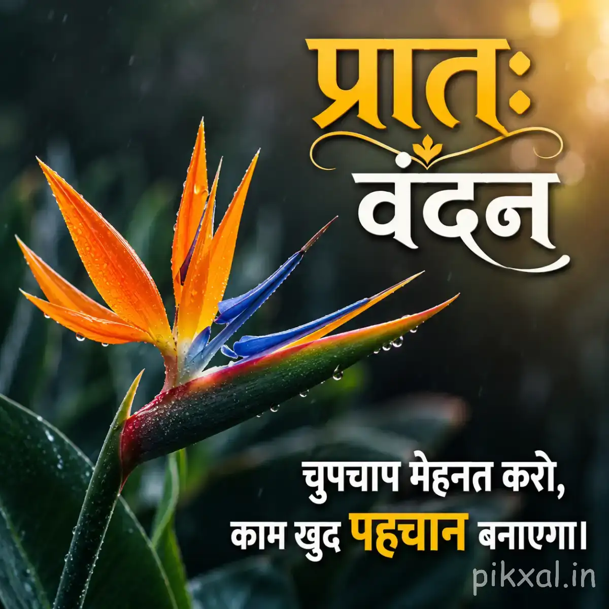 Orange and blue flowers with long pointed petals and green leaves against a dark blurred background with a Hindi morning greeting