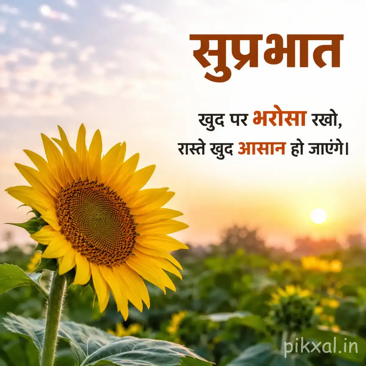 Single yellow flower with a dark center standing in a green field beneath a bright sky with a Hindi morning wish