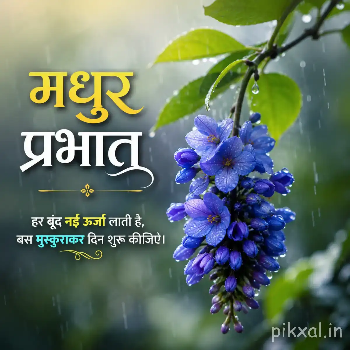 Cluster of small blue-purple flowers hanging from a leafy branch against a softly blurred green background