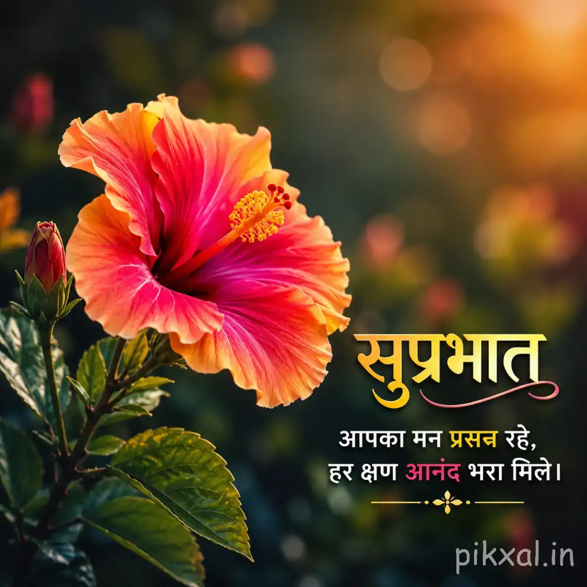 Bright pink and orange flower with layered petals and green leaves against warm blurred garden light with a Hindi morning greeting