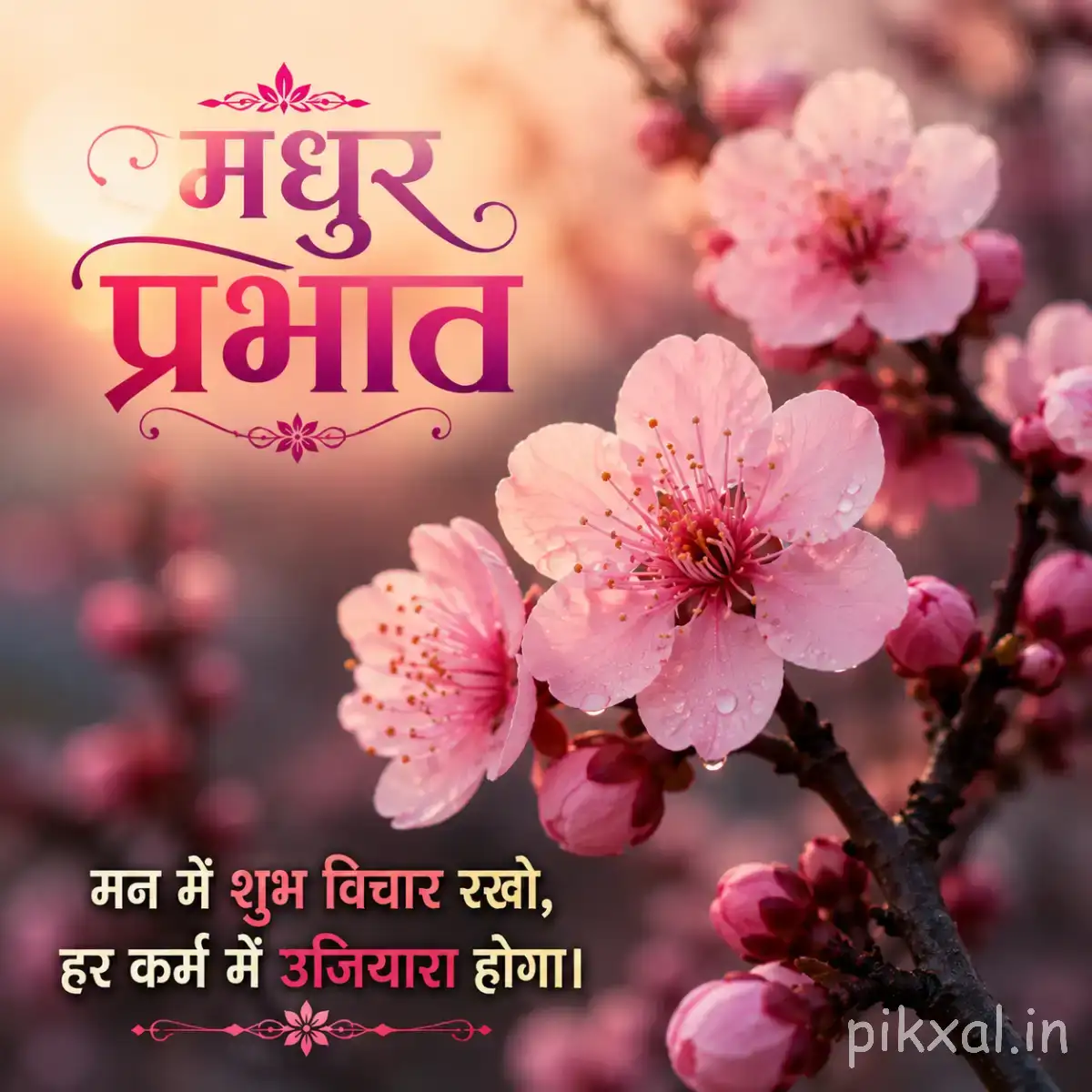 Cluster of pale pink flowers blooming along a dark branch against warm blurred light with a Hindi morning wish