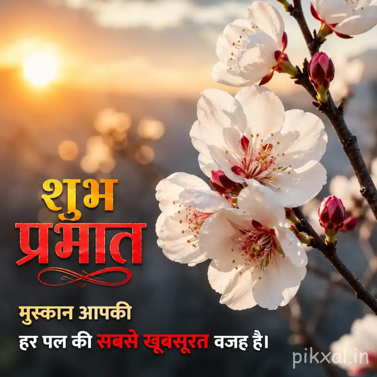 Several white flowers with overlapping petals on a flowering branch against a bright sunrise background with a Hindi morning greeting