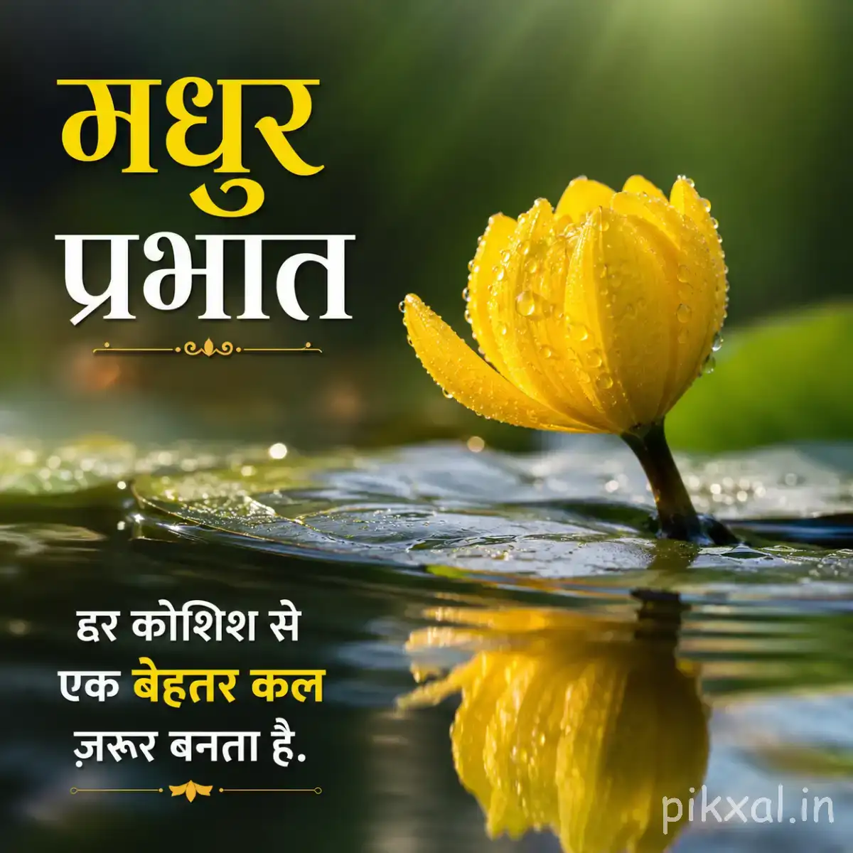 Single yellow upright flower standing in calm water with a clear reflection against a softly blurred green background