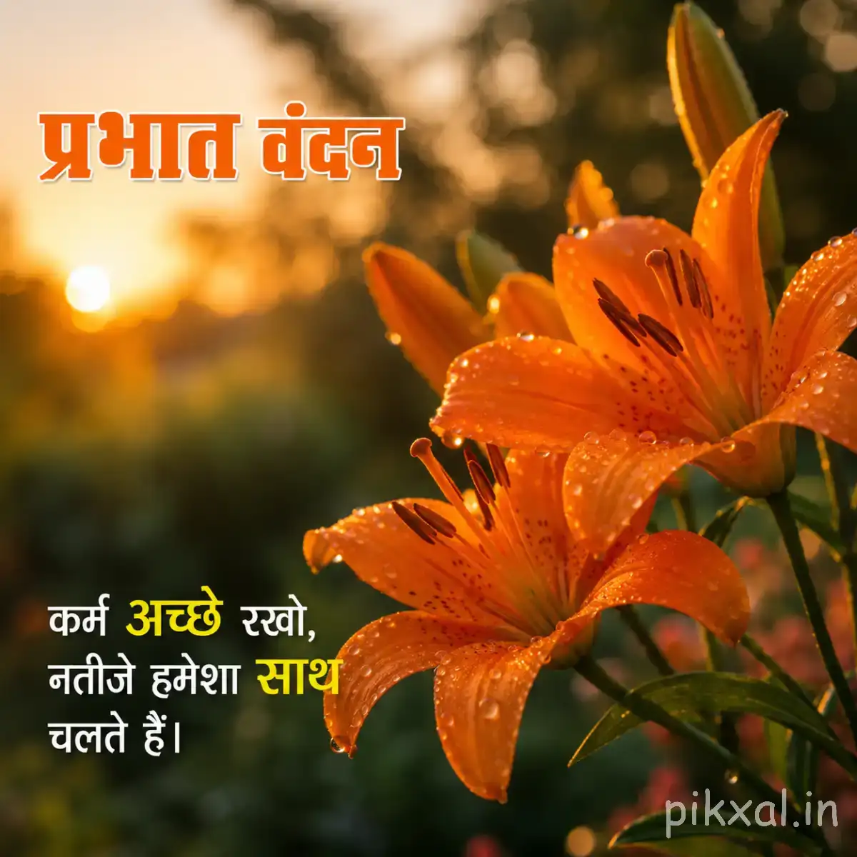 Several orange flowers with long narrow petals clustered among green foliage against warm sunlight with a Hindi morning greeting
