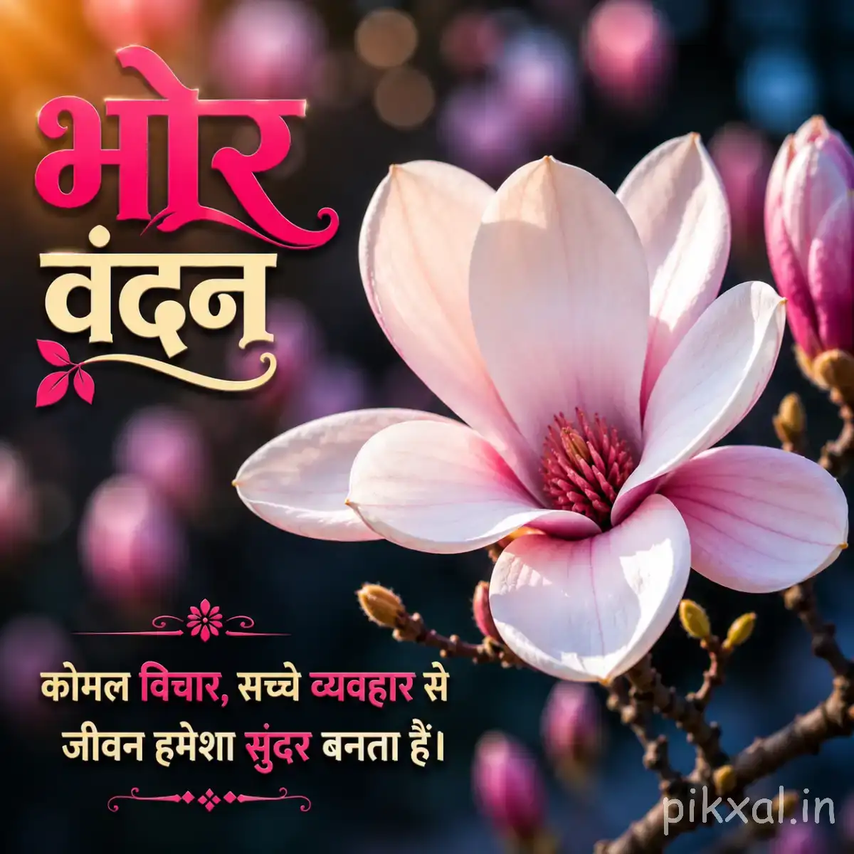 Large pale pink and white flower with overlapping petals and a dark center against a softly blurred background