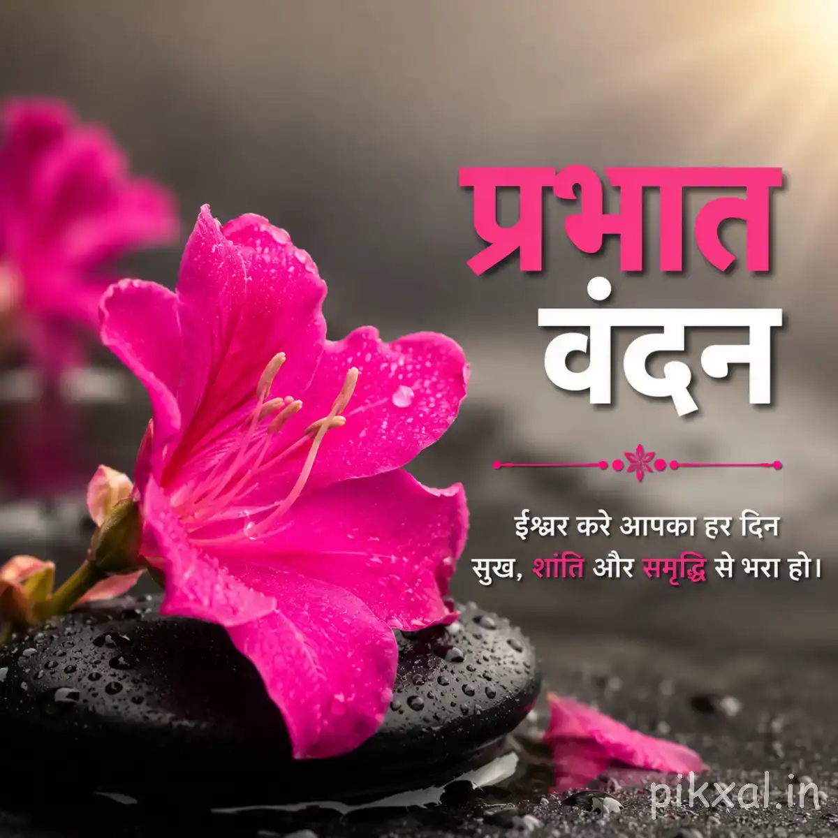 Bright pink flower with broad petals resting beside dark stones against a softly blurred background with a Hindi morning greeting