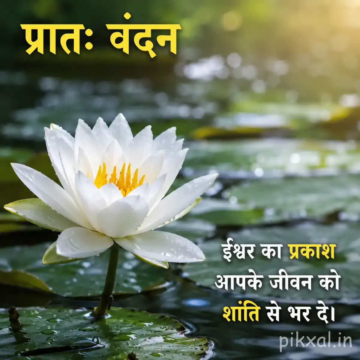 White flower floating on calm water with a yellow center and green leaves around it