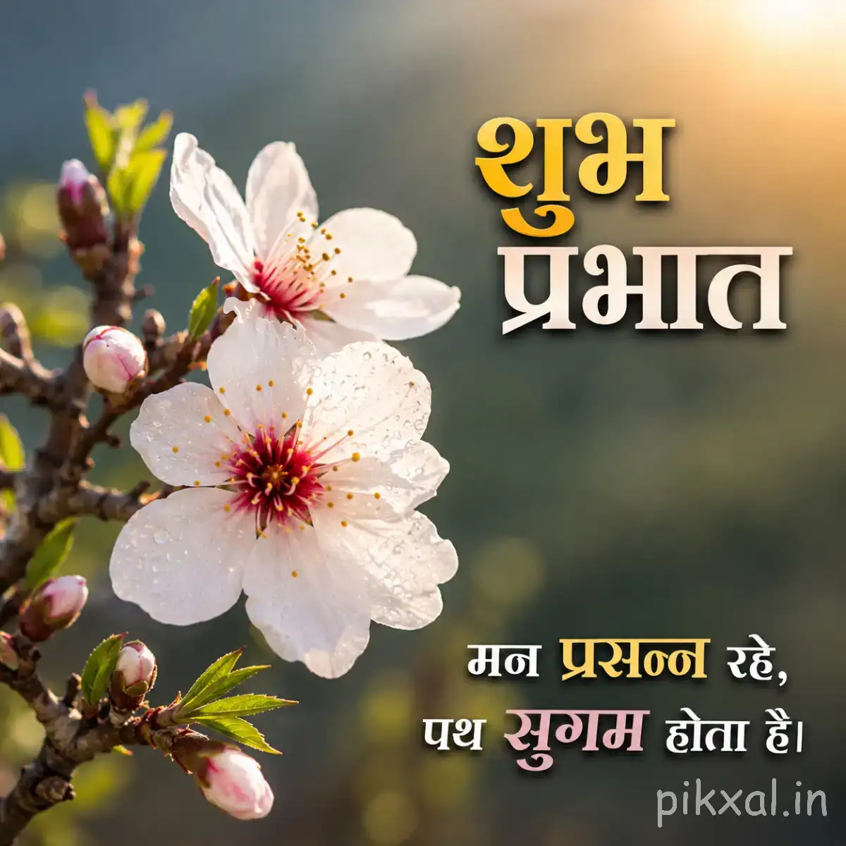 Several white flowers with pink centers blooming along a leafy branch against warm blurred greenery with a Hindi morning wish