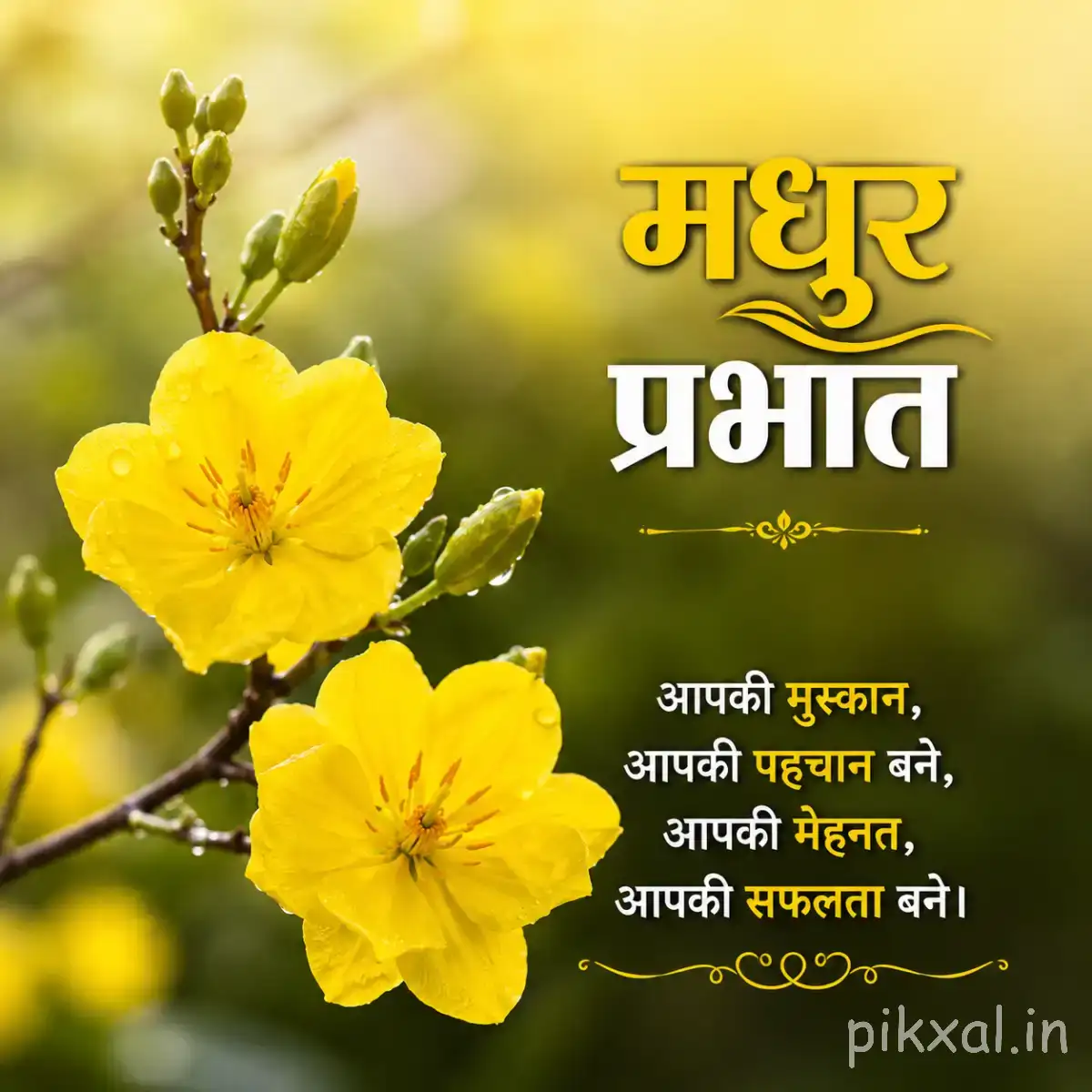 Several yellow flowers with broad petals and green leaves against a softly blurred garden background with a Hindi morning greeting