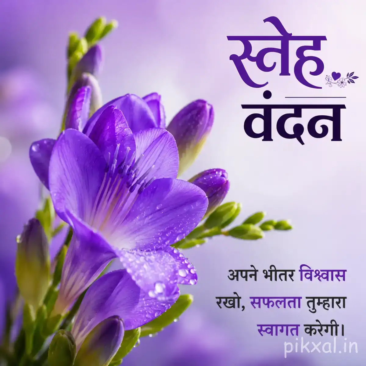 Purple flowers with layered petals and unopened buds among green leaves against a softly blurred background with a Hindi morning wish