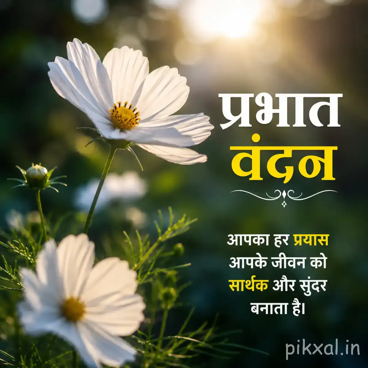 Several white flowers with narrow petals and yellow centers on slender stems against a dark blurred background with a Hindi morning greeting