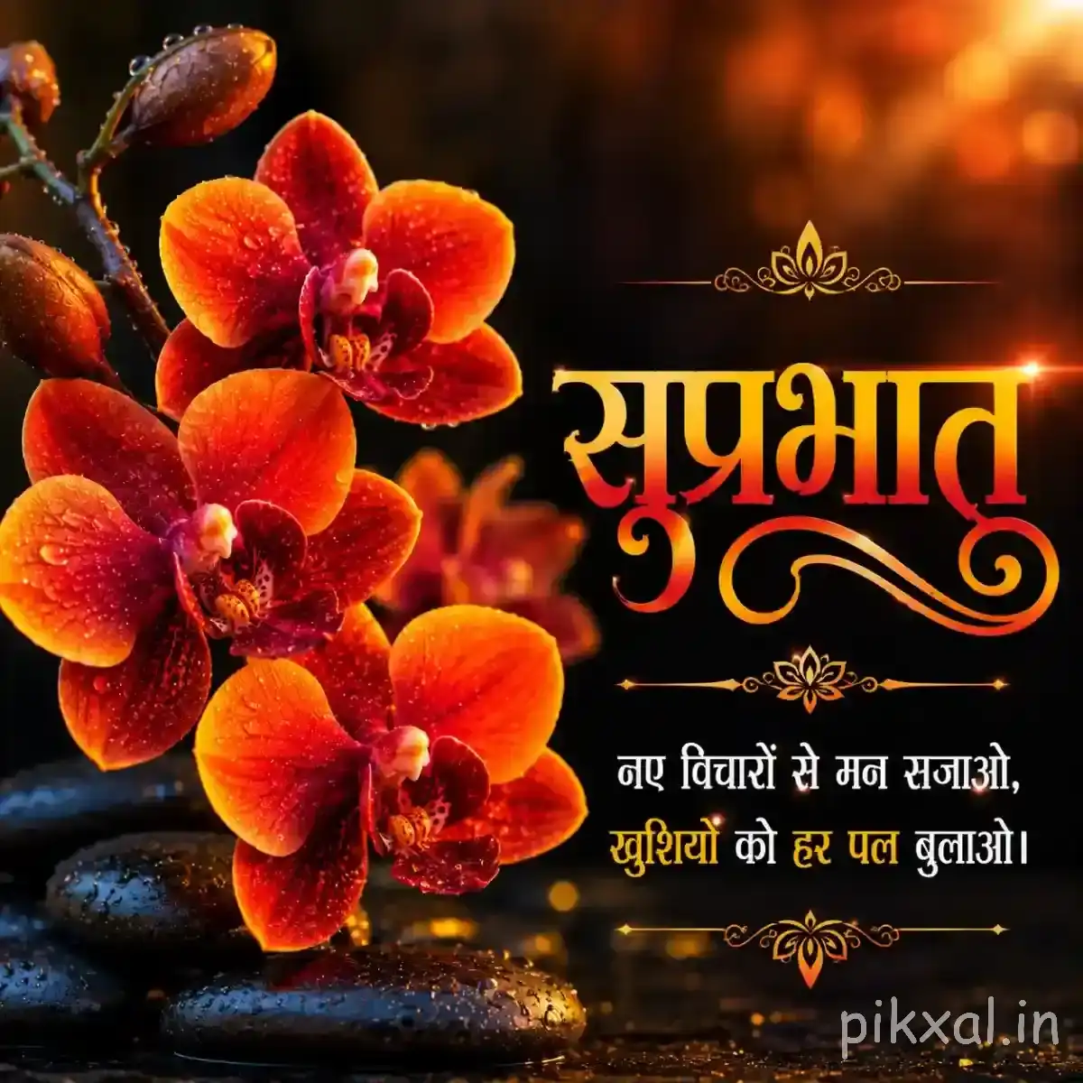 Several orange-red flowers with dark centers arranged against a dark background with a Hindi Good Morning greeting