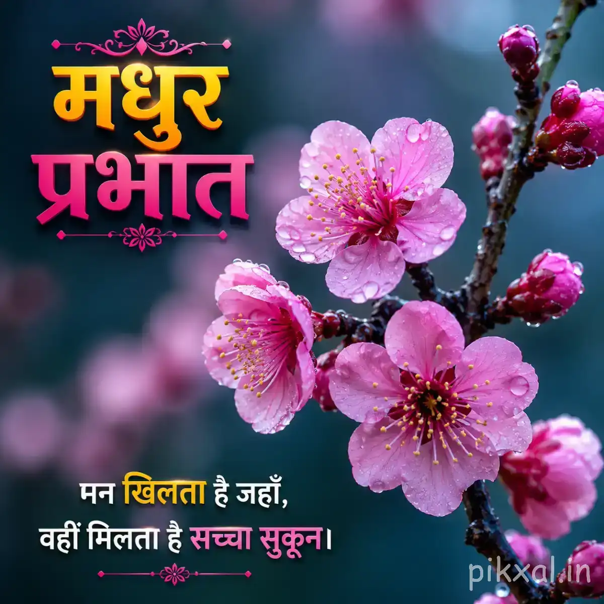 Several pink flowers and buds on slender branches against a dark blue-green background with a Hindi morning greeting