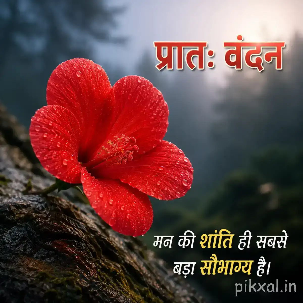 Single deep red flower with broad petals resting against a dark wooden surface and misty background