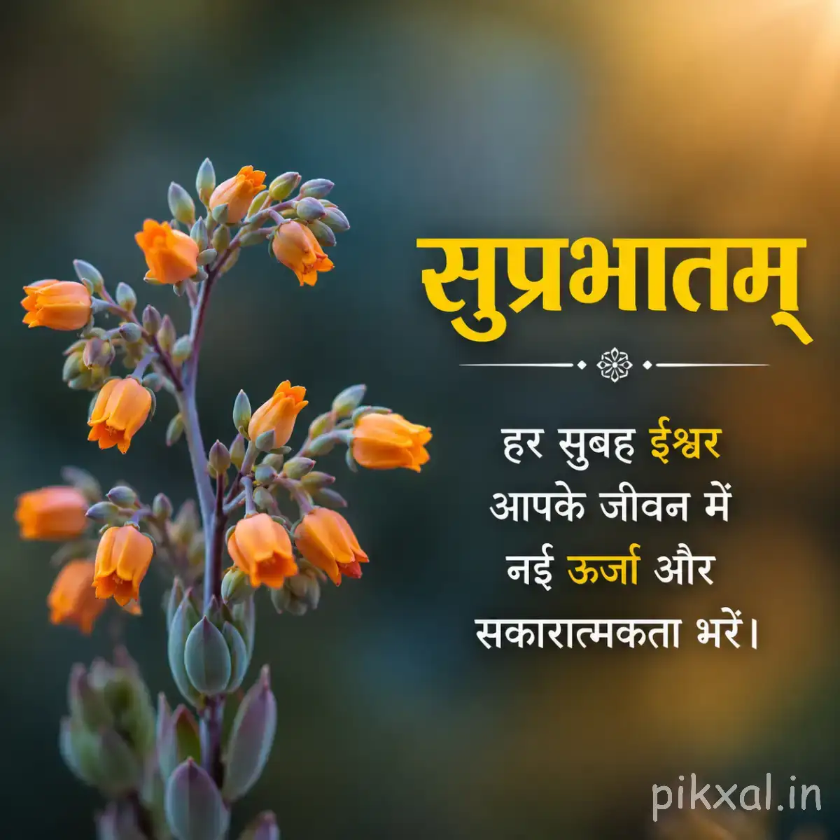 Several small orange flowers on branching stems with green foliage against warm light and a Hindi Good Morning wish