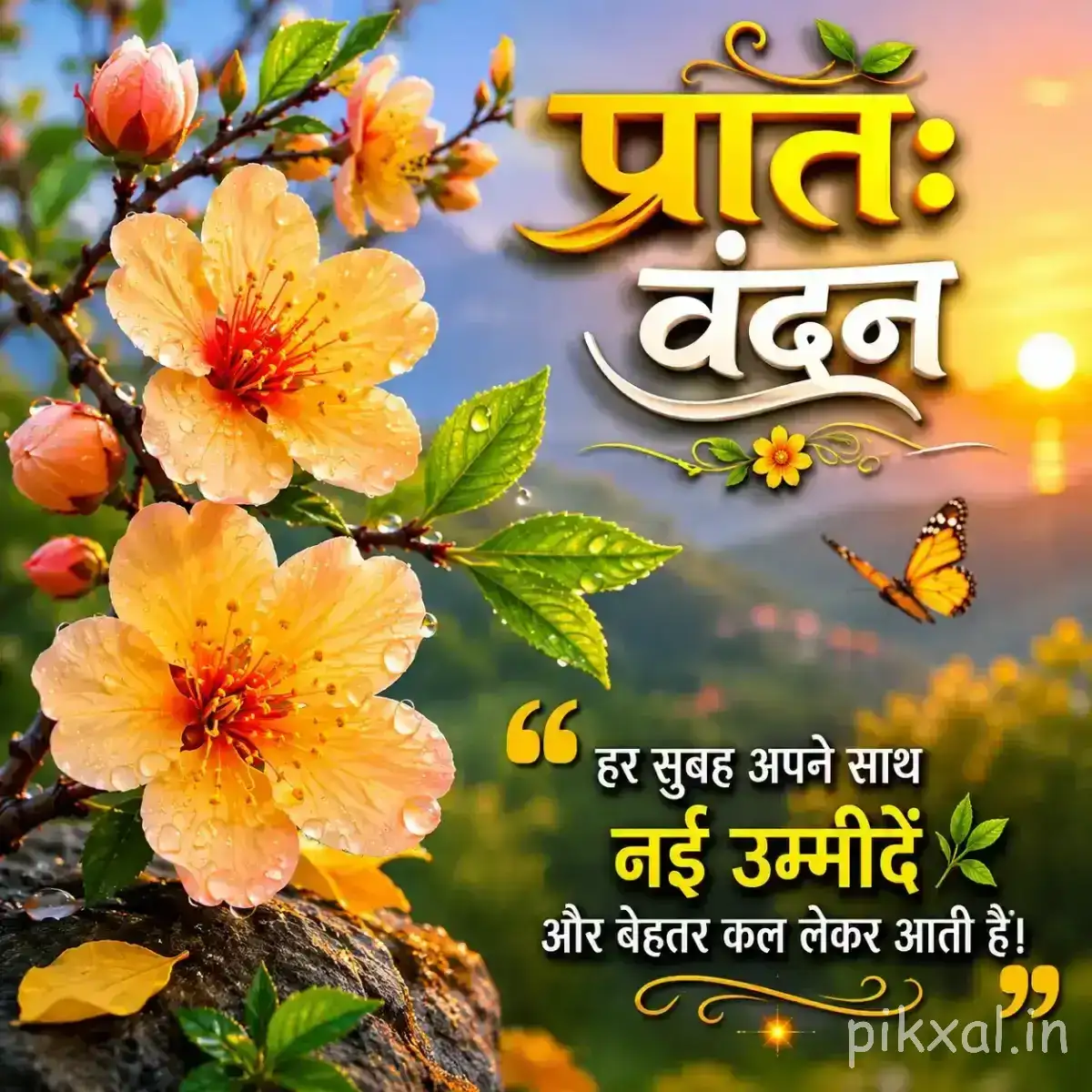 Peach and yellow flowers with green leaves on branching stems against a bright background with a Hindi morning greeting