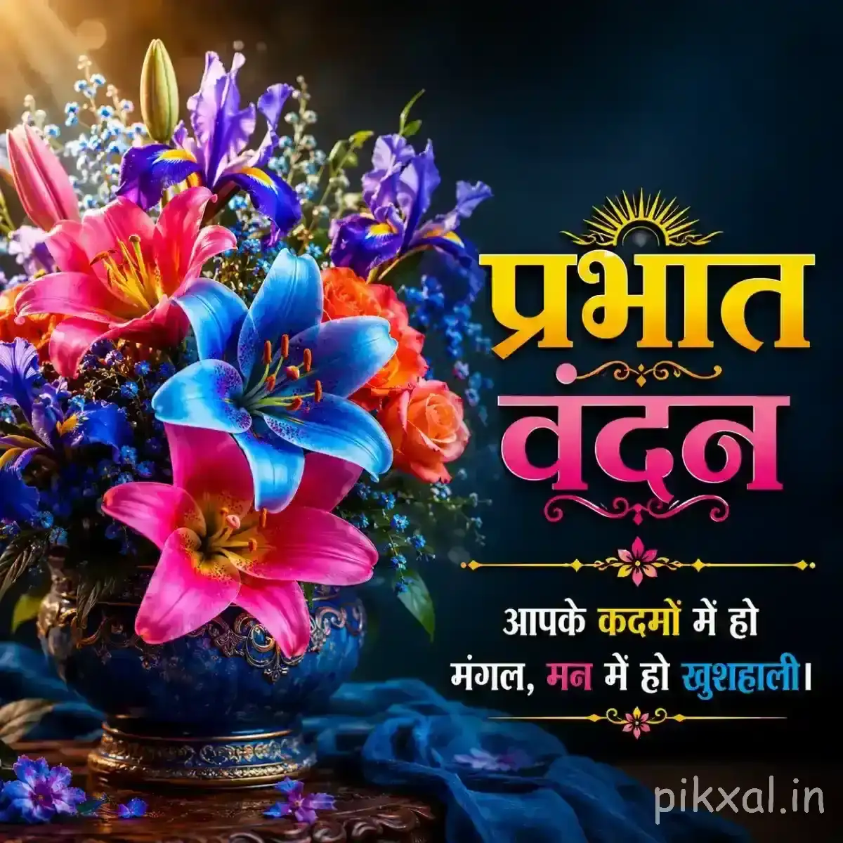 Mixed blue, pink, and purple flowers arranged in a bowl against a dark background with a Hindi morning message