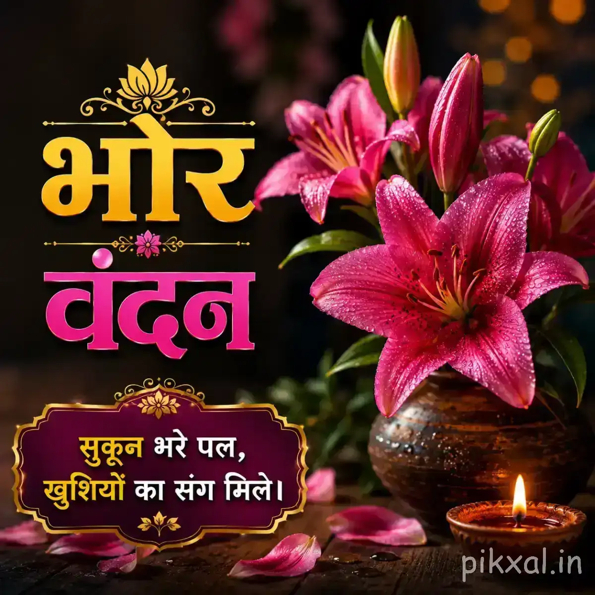 Several dark pink flowers with elongated petals arranged in a decorative pot against a dark background with a Hindi morning greeting