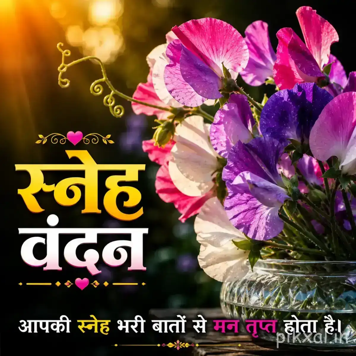 Cluster of pink and purple flowers with overlapping petals and green foliage against warm blurred greenery with a Hindi morning message