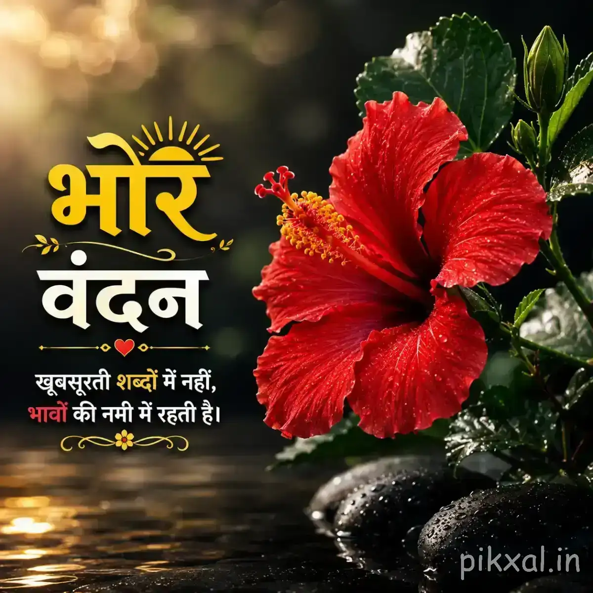 Single red flower with broad petals beside dark stones and green foliage, accompanied by a Hindi morning wish