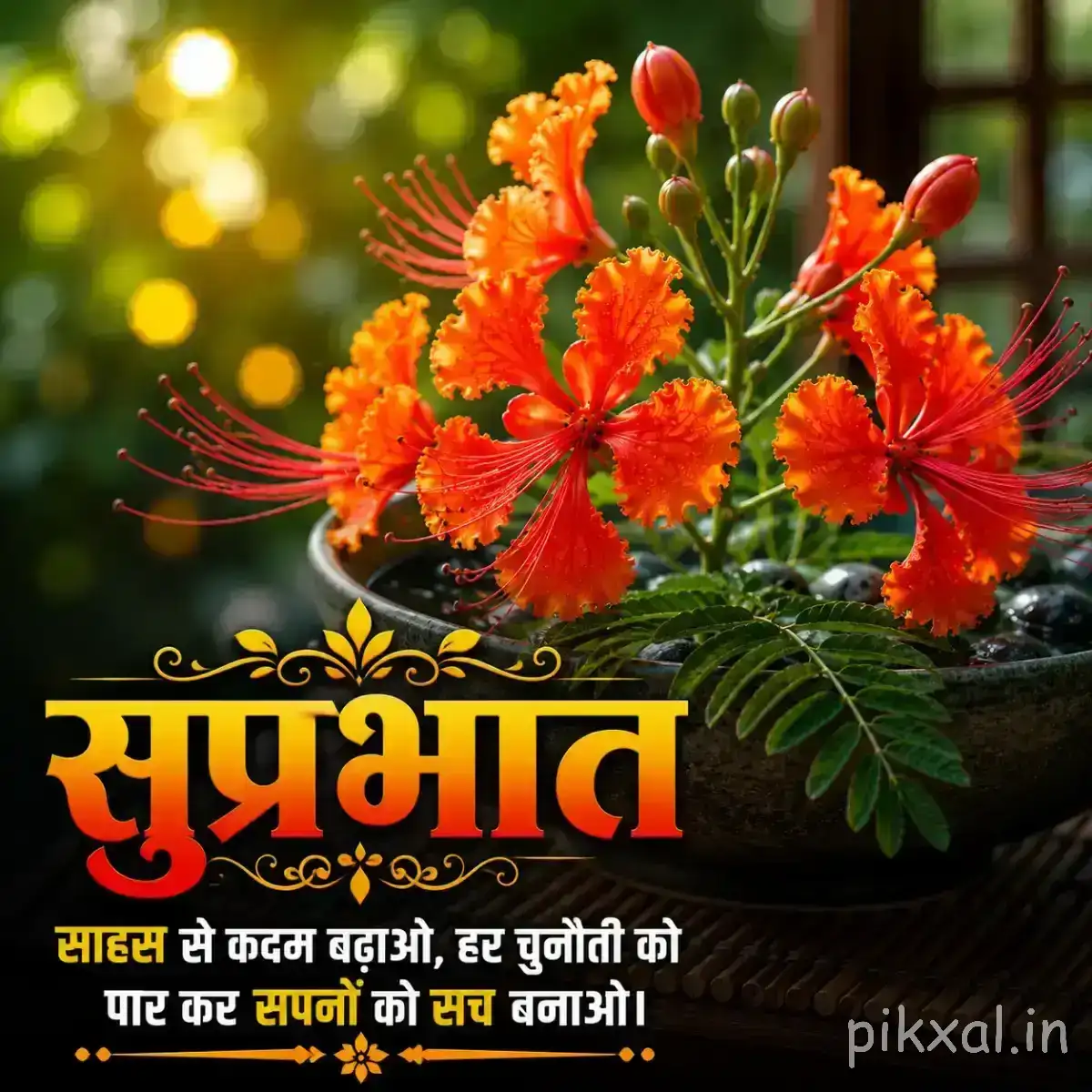 Cluster of orange-red flowers with long stamens and green leaves against a softly blurred garden background