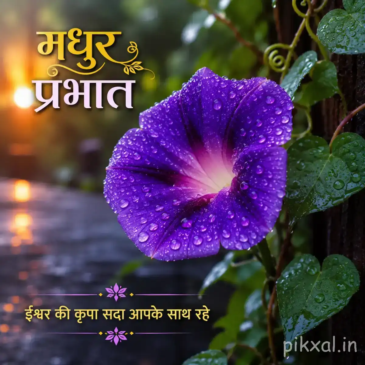 Single purple flower with a dark center and broad petals, accompanied by a Hindi Good Morning message
