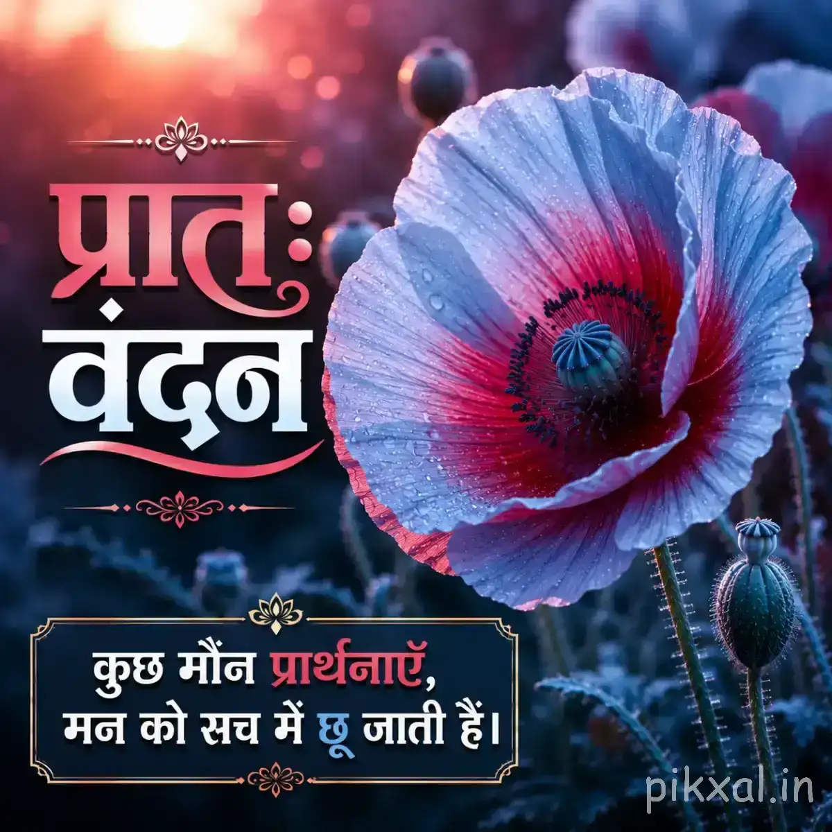Single blue and pink flower with a dark center and delicate petals against a softly blurred background