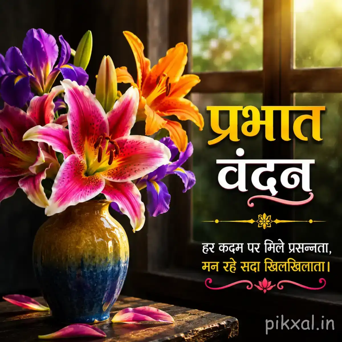 Mixed pink, orange, and yellow flowers arranged in a dark vase with a Hindi morning greeting