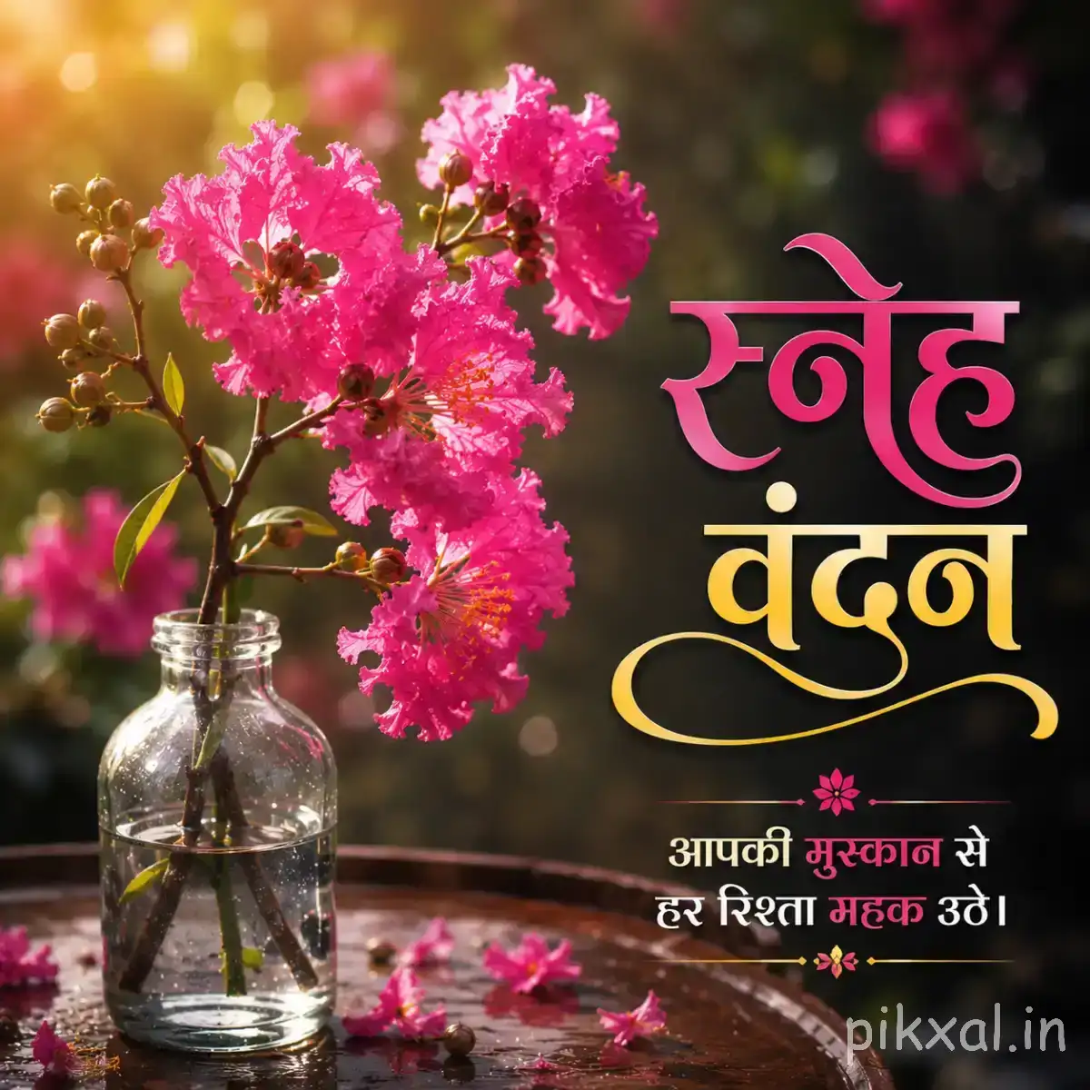 Cluster of small pink flowers beside a glass vase and scattered petals, with a Hindi morning wish